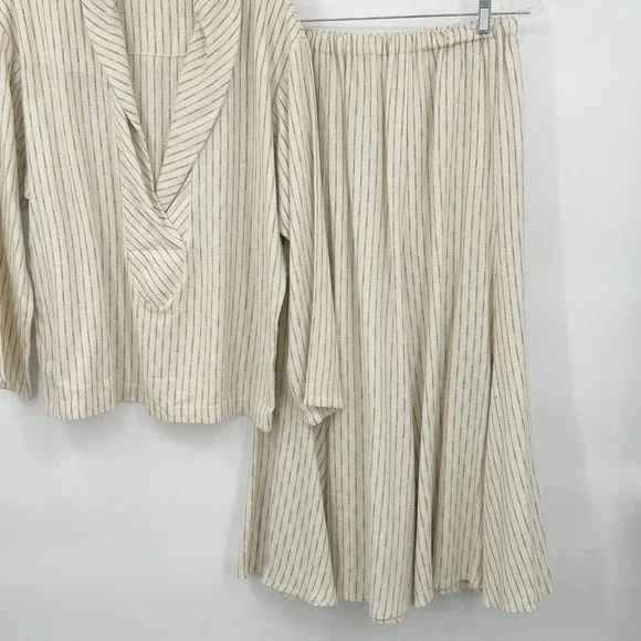 Vintage 80s Cotton Blend Midi Skirt Set M Cream Stripe Draped Collar Top Coastal - Picture 4 of 12
